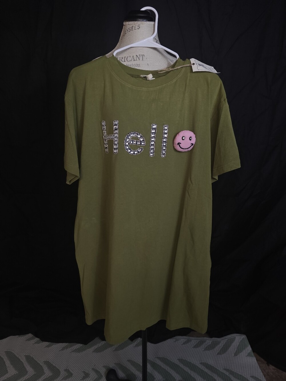 Olive Green Graphic Tee Dress with Pink Smiley